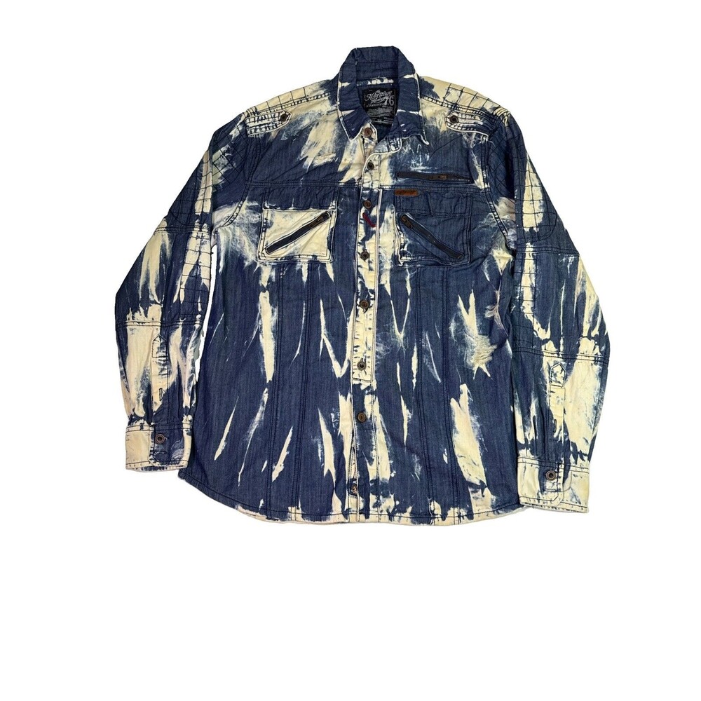 Heritage America 1776 Men’s Denim Bleached Acid Wash Zipper Utility Shirt L .